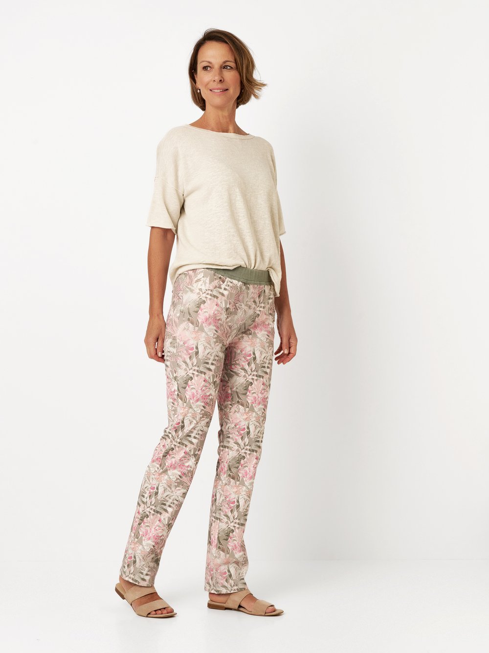 Hose mit tropischem Druck | Style »My Darling« khaki/pink