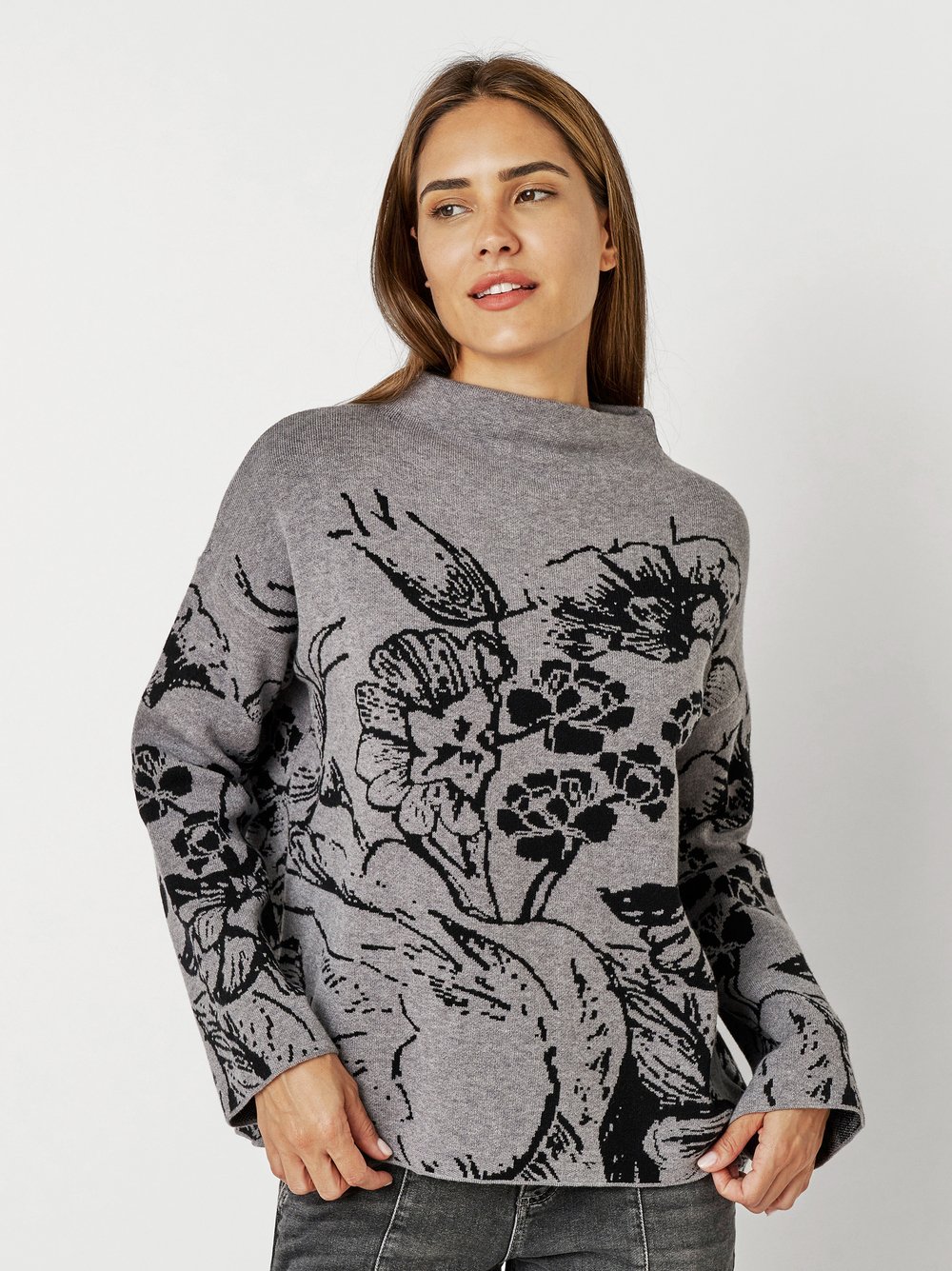 Fine knitted sweater with flowers | Style »Gitta« grey/black