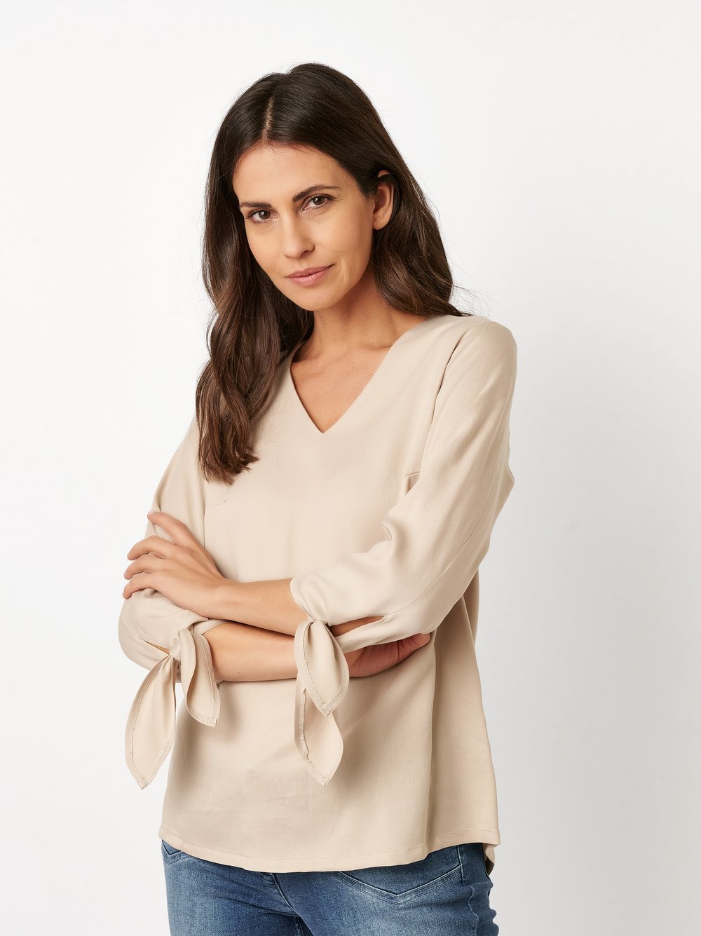 Shirt blouse with tied sleeves | Style »Anna« beige