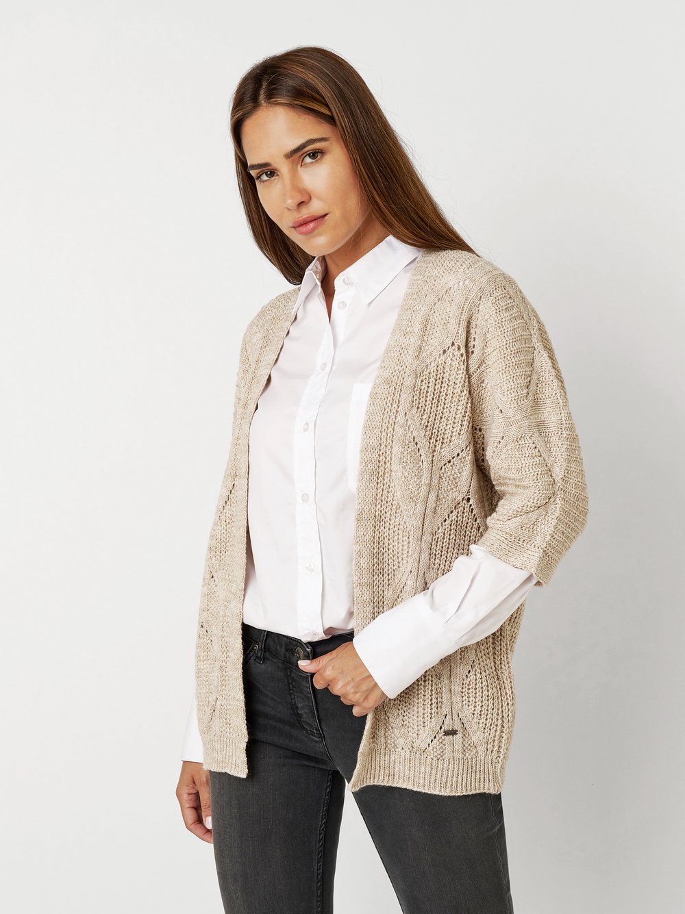 Ajour cardigan with effect yarn | Style »Haifa« sand/gold