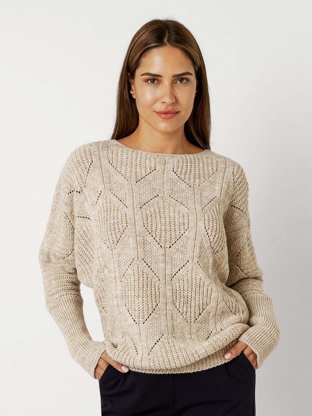 Ajour sweater with effect yarn | Style »Hanni« sand/gold