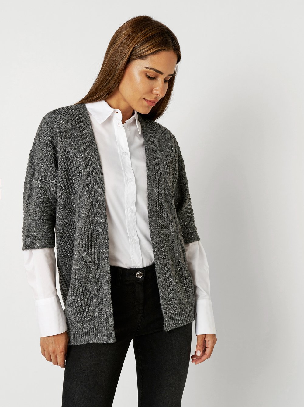 Ajour-Cardigan mit Effektgarn | Style »Haifa« grey/silver